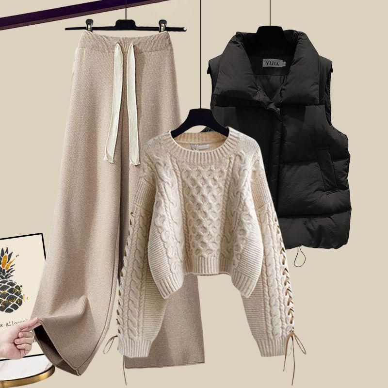 Women's Clothing Plus Size Women's Knit Sweater Vest & Pants Set - Trendy 3-Piece Outfit For Fall & Winter (Black Vest + Khaki Sweater + Khaki Pants)_voghion.com