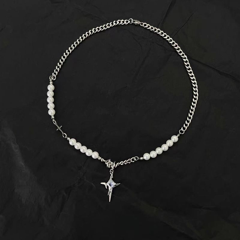 Collana con croce a stella e perle da uomo, hip-hop alla moda, di alta qualità, cool e versatile, design di nicchia, catena per clavicola da donna_voghion.com