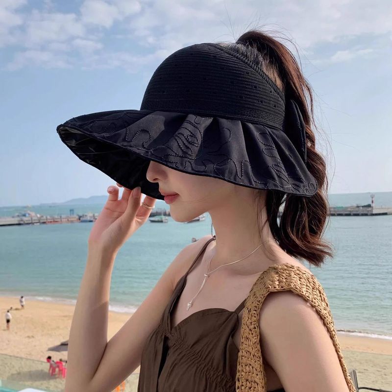 Cappello da sole da donna con protezione UV, per le vacanze al mare, con possibilità di annodare la coda di cavallo, cappello a cilindro vuoto, versatile cappello da sole con tesa larga_voghion.com