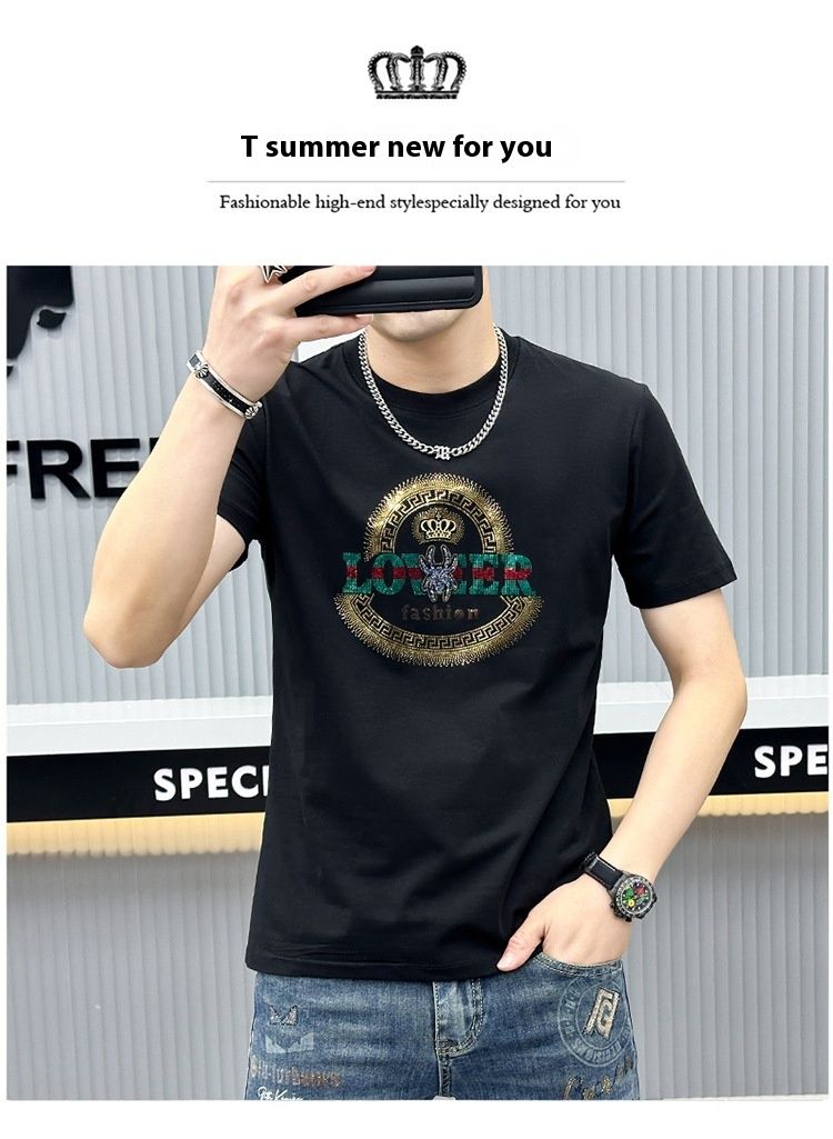 2024 T-shirt girocollo di lusso per uomo di alta qualità con lettere a caldo e stampa a diamante, traspirante, vestibilità aderente, marchio di moda corto_voghion.com