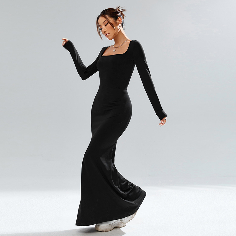 Abito da festa sexy da donna con scollo quadrato lavorato a maglia nero a maniche lunghe avvolgente sui fianchi_voghion.com