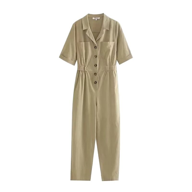 Mono de lino liso de manga corta para mujer, apto para todas las estaciones, verano 2024, color verde militar y caqui, talla 2524_voghion.com