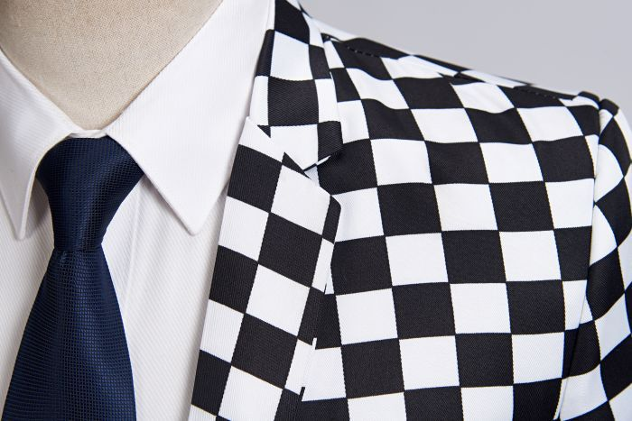 abbigliamento abito stampato a quadri bianco e nero giacca casual da uomo ospite parrucchiere completo ral_voghion.com