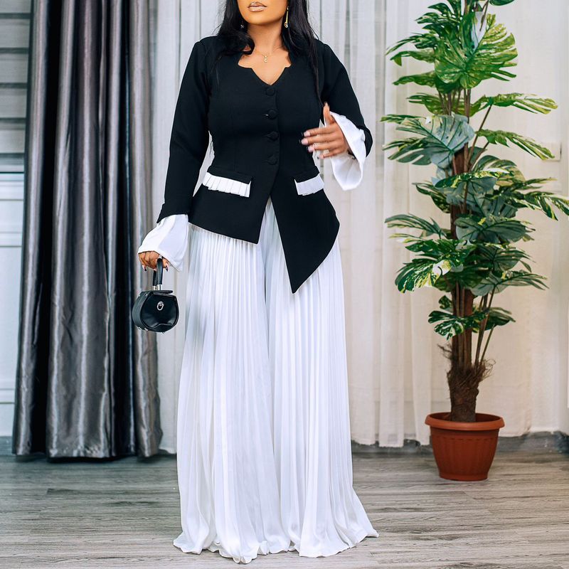 Women’s Clothing Spring New Fashion Trumpet Sleeve Top Pleated Wide Leg Pants African Two Piece Suit_voghion.com