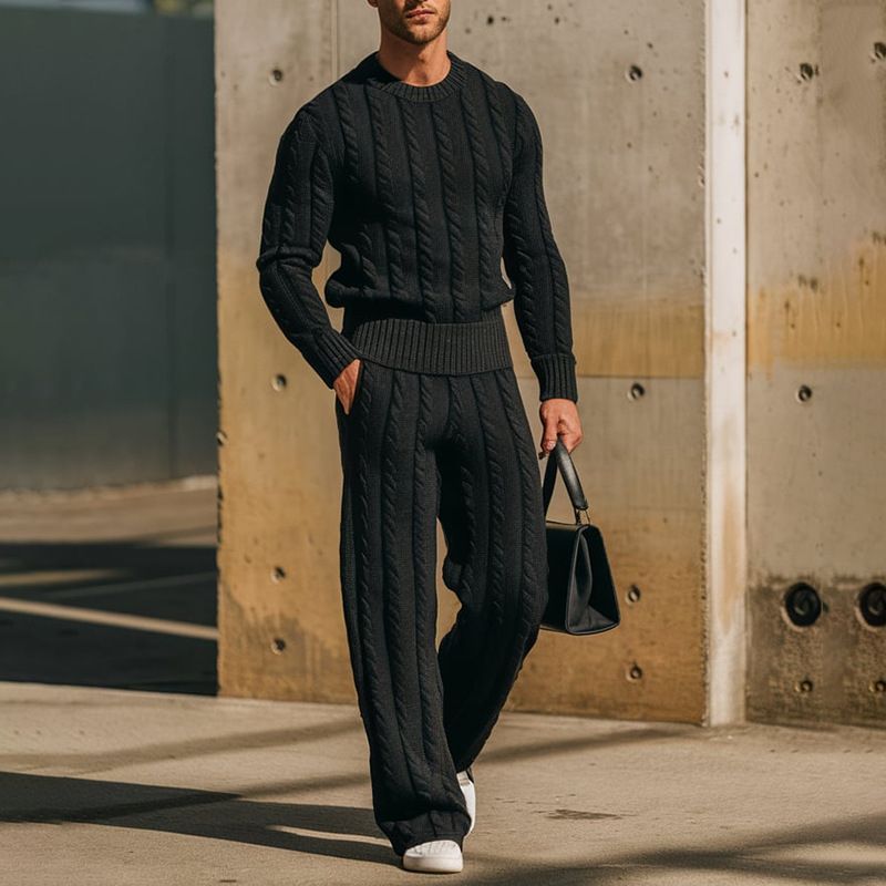 Herren-Winter-Set aus Strickpullover und -hose – Langarmpullover mit Zopfmuster und Lounge-Hose – Weiche Polyestermischung für lässigen Komfort_voghion.com