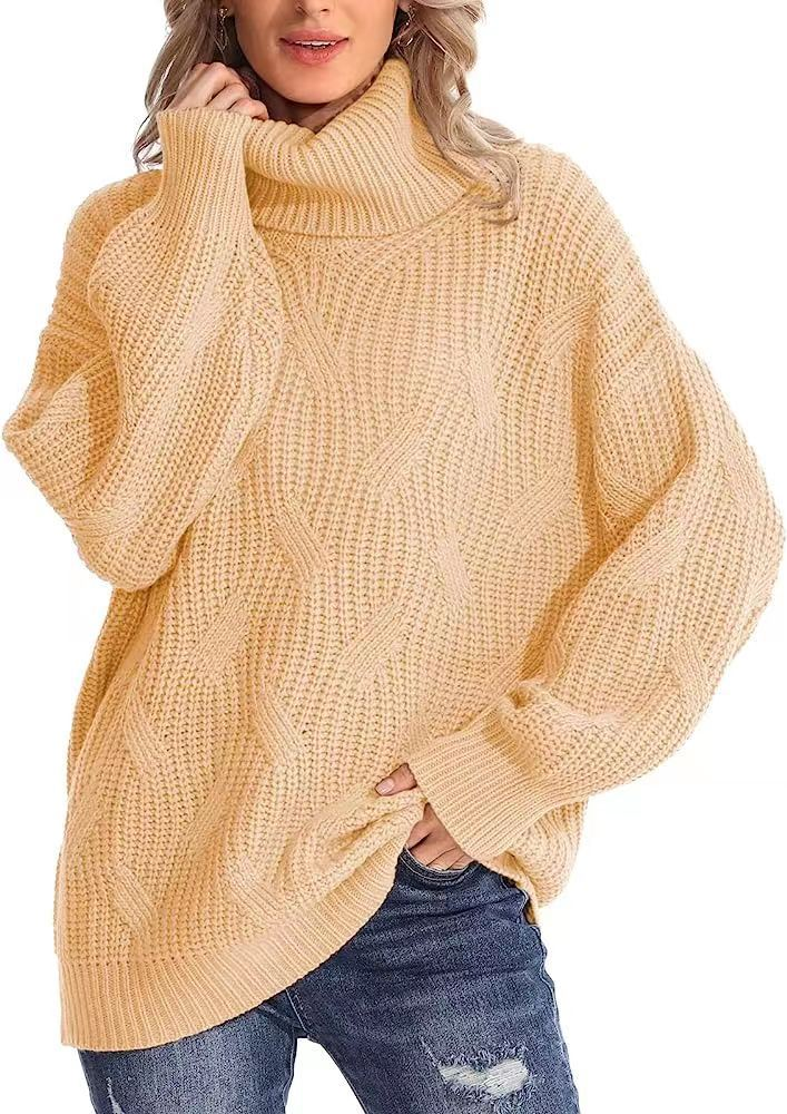 Pull tricoté à col roulé et manches longues pour femme, ample, à la mode_voghion.com