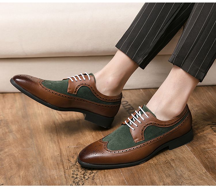 Spring New Color-Block Pointed Leather Large Size Formal Casual Low-Cut Lace-Up Men's Shoes_voghion.com