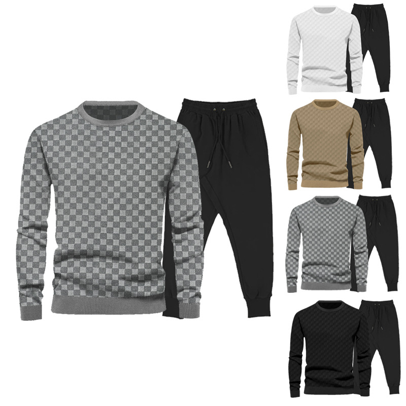 Herbst Winter Herrenmode Rundhalsausschnitt Karierte Ärmel Basishemd Lässig Lange Hosen Set_voghion.com