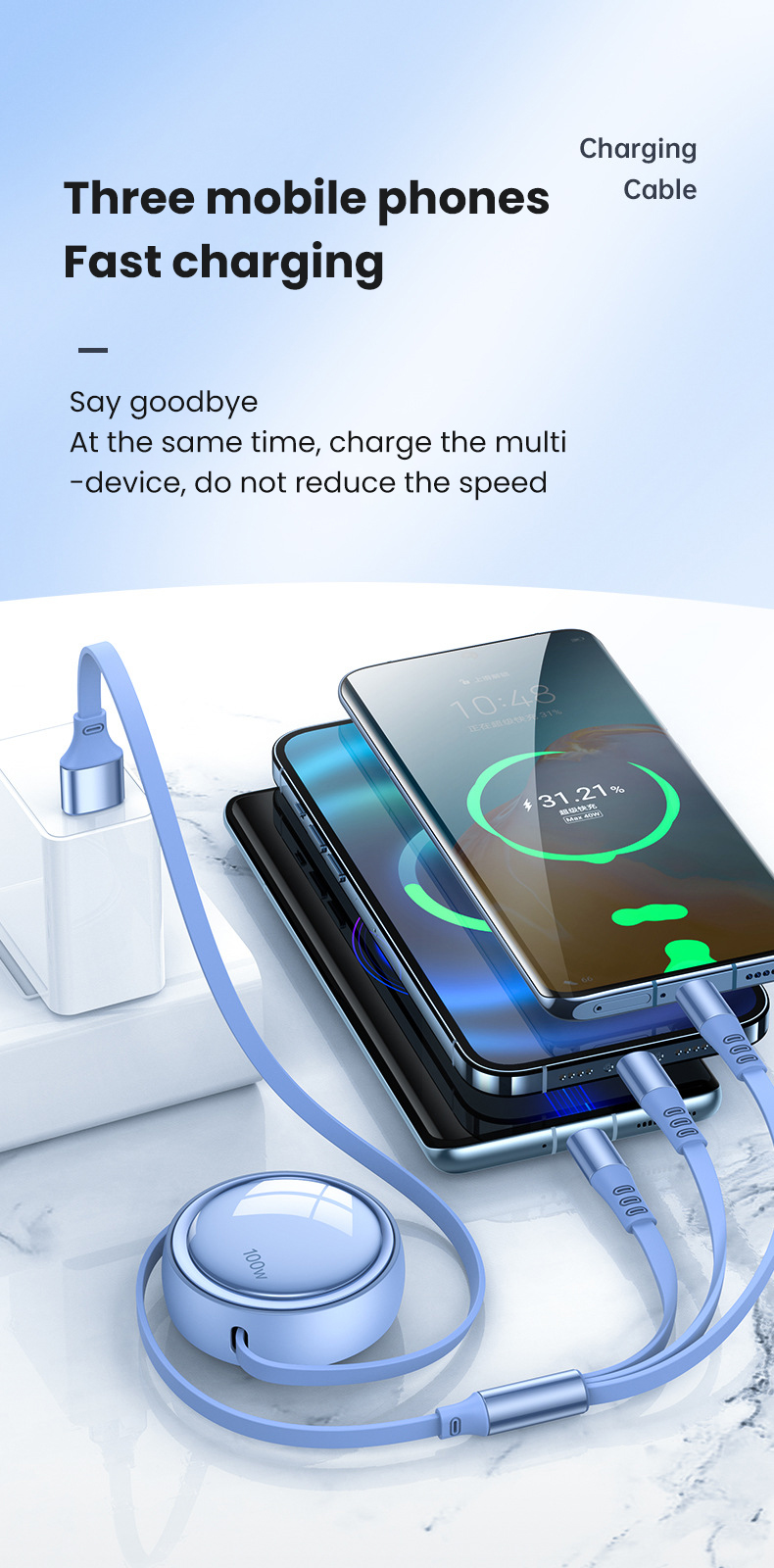 2in1 3in1 6A 100W USB-kabel voor Huawei/Honor Intrekbare draagbare 3-in-1 Micro USB Type C snellaadkabel F_voghion.com