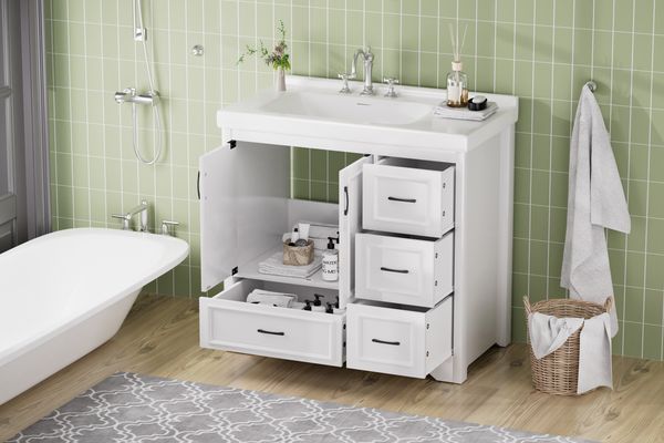 36'' Bathroom Vanities With Single Sink, Modern Under Mount Bathroom Sink Cabinet With 2 Closing Doors & 4 Drawers. White, 35.8''W X 19.7''D X 3_voghion.com