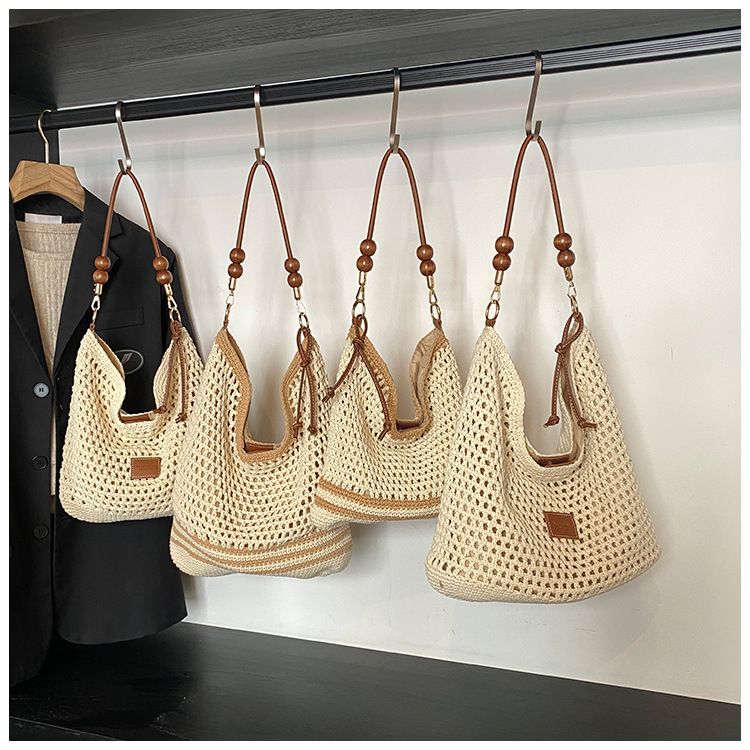 Borsa a tracolla singola in maglia lavorata a maglia con design cavo, per donna, primavera estate 2025, grande capacità, in tessuto, stile pastorale, da spiaggia_voghion.com