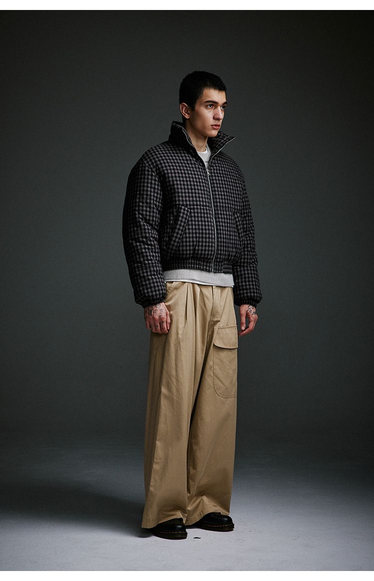 Kurze Pufferjacke für Herren – Winter-Steppmantel mit Karomuster, Stehkragen, lockere Passform, warme Oberbekleidung aus Polyester (M-XXL, Schwarz-Grau kariert)_voghion.com