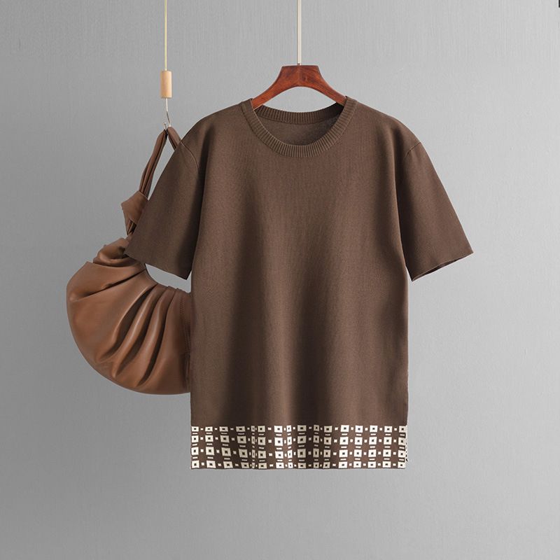 Frauen Kleidung sommer neue einfache mode rundhals einfarbig kurzarm top + hosen kontrast rand gestrickte zwei-stück set_voghion.com