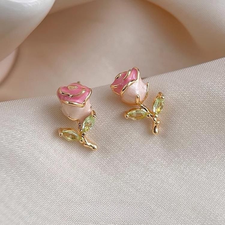 Kleine, frisse emaille druppeltextuur met micro-ingelegde zirkonia-oorbellen voor vrouwen, kleine, delicate rozenoorbellen, lichte luxe_voghion.com