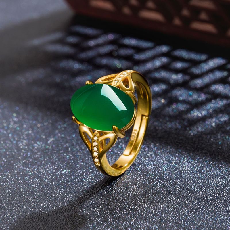 New Creative Green Agate Open Simple Diamond-Encrusted Ring Unisex Chalcedony Silver Jewelry_voghion.com