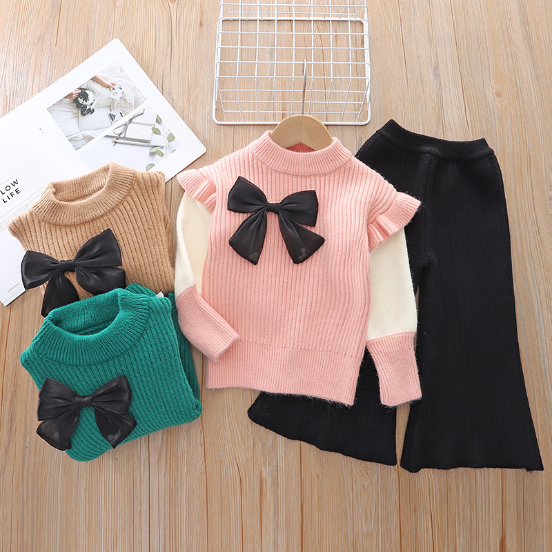 Maglione lavorato a maglia per bambine, set da due pezzi 2024, autunno/inverno, nuovo fiocco per bambine, 3 camicie inferiori e 4 cappotti, scollo rotondo_voghion.com