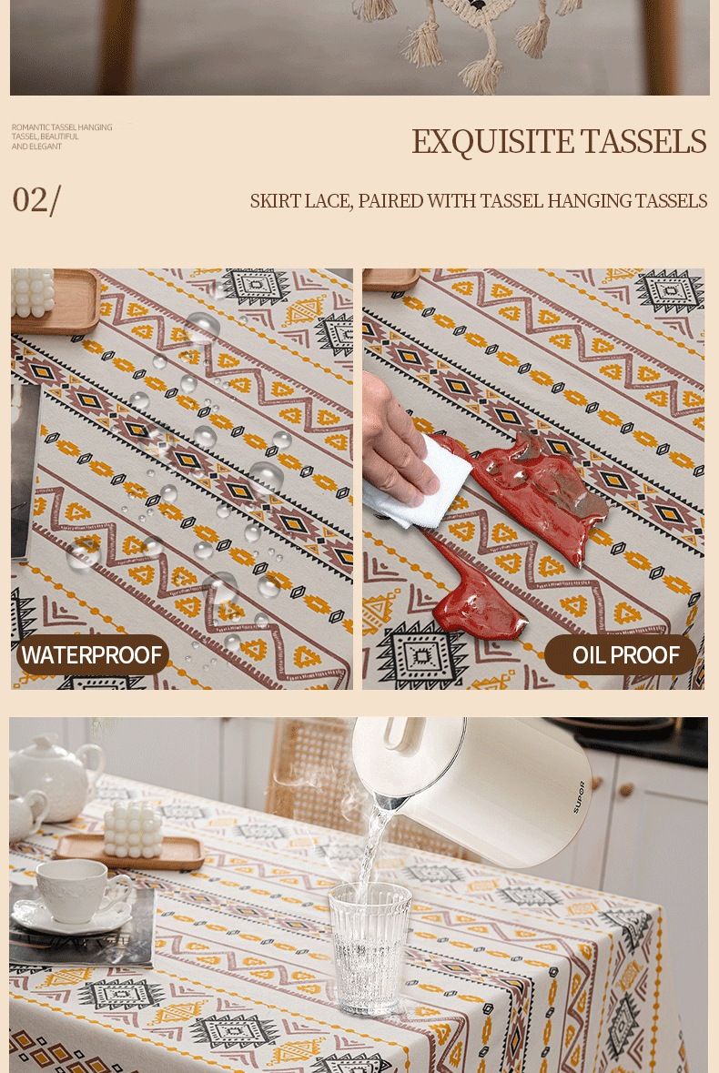 Nappe bohème en coton et lin pour table à manger, style ethnique, rectangulaire, imperméable et résistante à l'huile_voghion.com