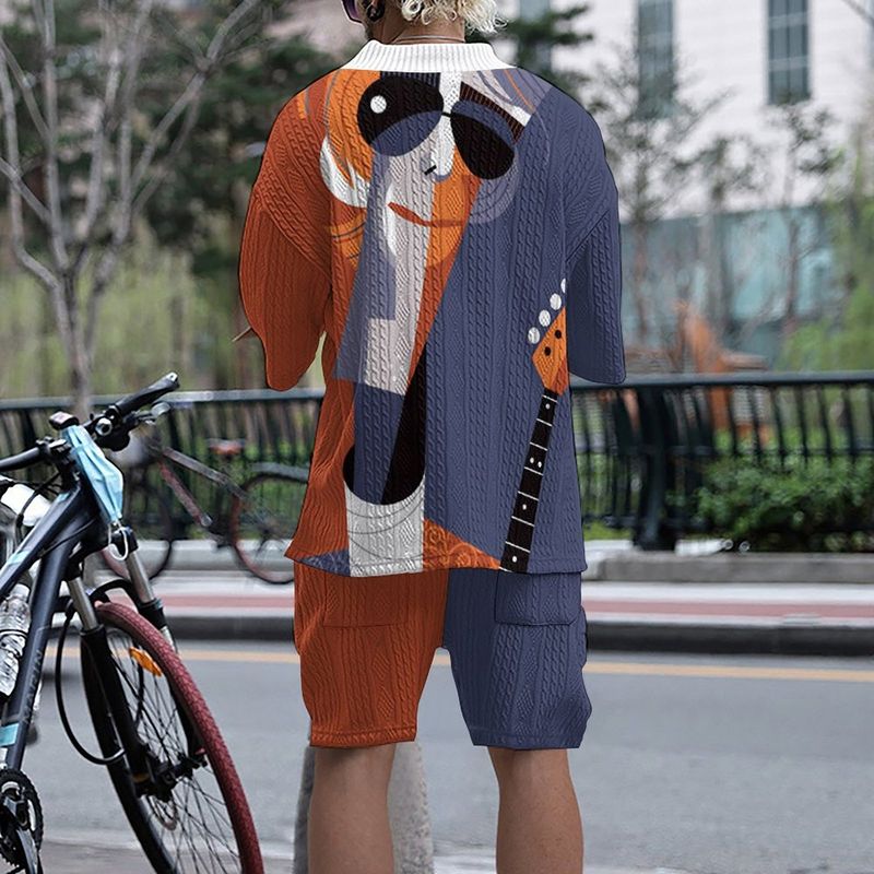 Roupas masculinas tecnologia xadrez estampa tamanho grande ombro caído malha manga curta shorts terno_voghion.com