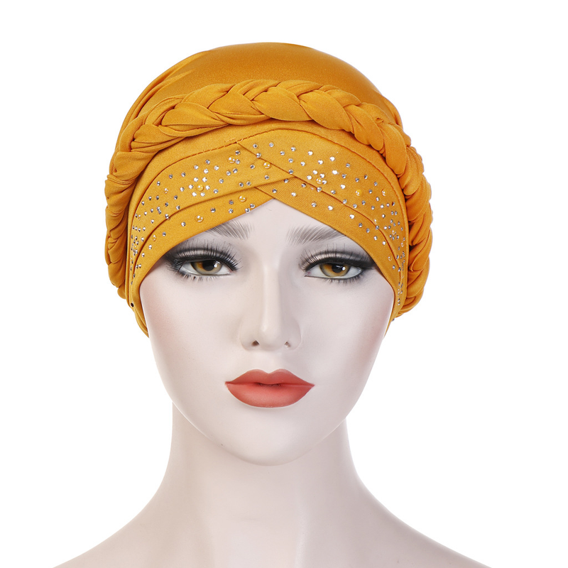 Damenhüte Außenhandel einfarbiger Single-Streifen-Hot-Diamant-Geflecht-Turban-Milchseide-Indianer-Turban-Hut_voghion.com