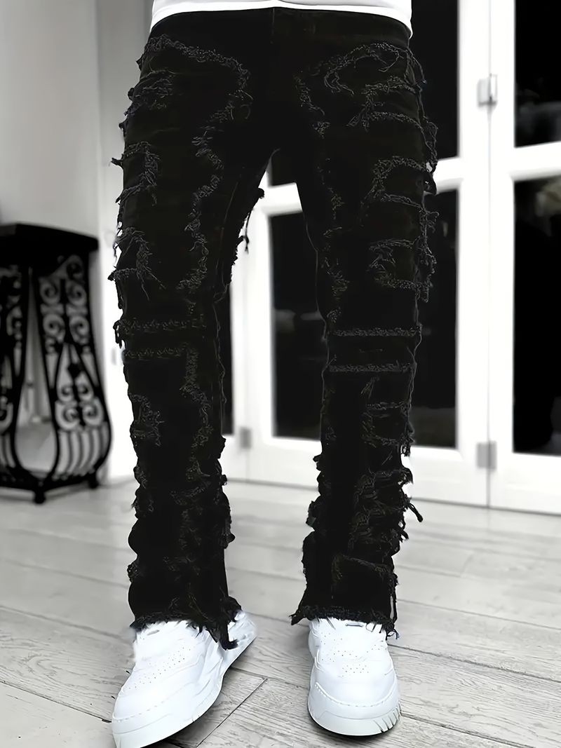 Jeans con rifiniture grezze in stile hip hop Y2k, pantaloni in denim elasticizzato casual da uomo in stile street_voghion.com