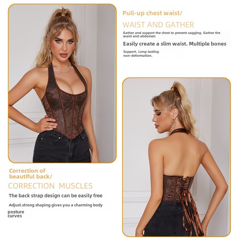 Cross-border New Palace Corset Beautiful Back Waist Seal Drawstring Adjustable Retro Medieval Brown Neck Seamless Bone Clothes_voghion.com