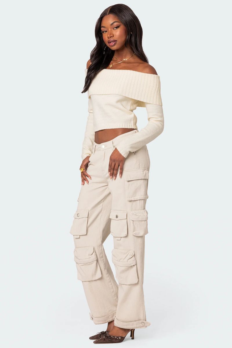 2025 Frühjahr Neues Strickoberteil Damen Einfarbiger Off-Shoulder Langarm Pullover_voghion.com