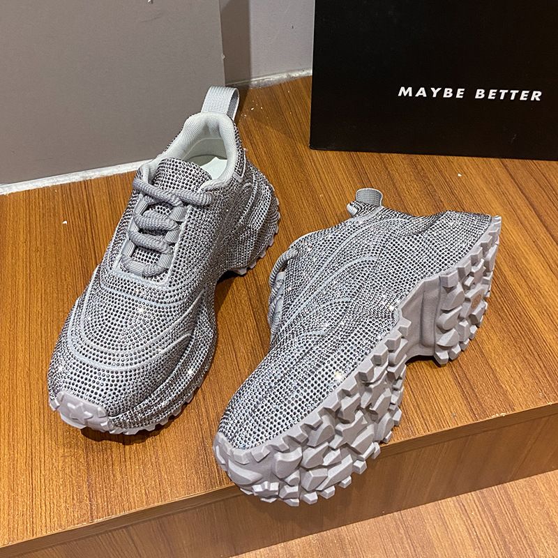 Modische Damen-Sneaker mit Strasssteinen – klobige Plateauschuhe für mehr Körpergröße, atmungsaktives Obermaterial aus PU, lässige und trendige Low-Top-Schnürschuhe_voghion.com