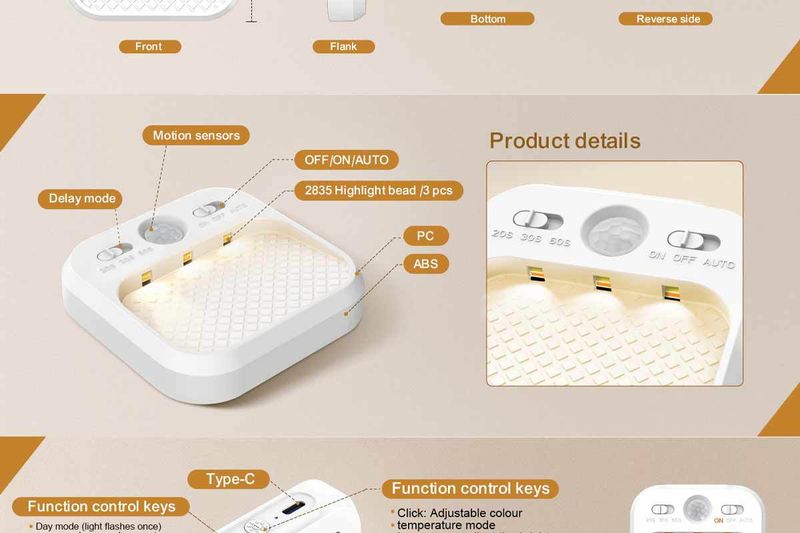 Lampe à induction carrée à trois couleurs pour le corps humain, veilleuse à LED, lampe murale magnétique, lampe de garde-robe, lampe à économie d'énergie_voghion.com