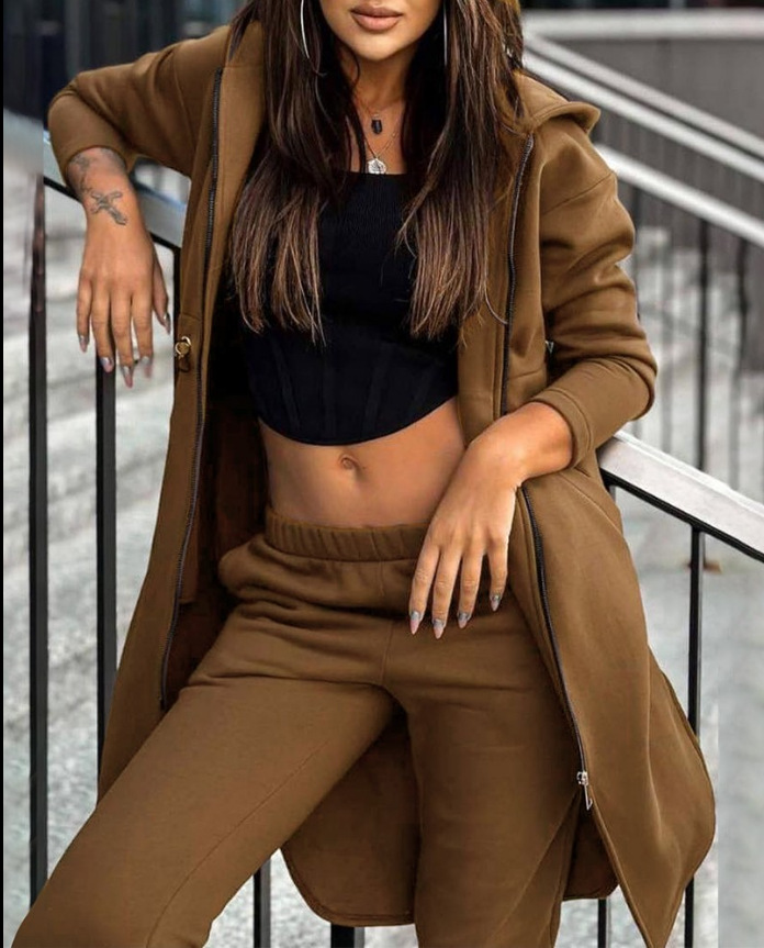 Zweiteiliges Set mit modischem, lässigem Kapuzen-Fleece-Hoodie-Mantel für Damen_voghion.com