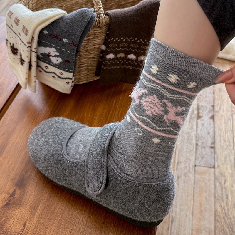 Lillian Herbst Winter New Fair Ile Dreidimensionaler Jacquard Koreanischer Stil Warm Mid-Calf Damen Retro Verdickt Weihnachten_voghion.com