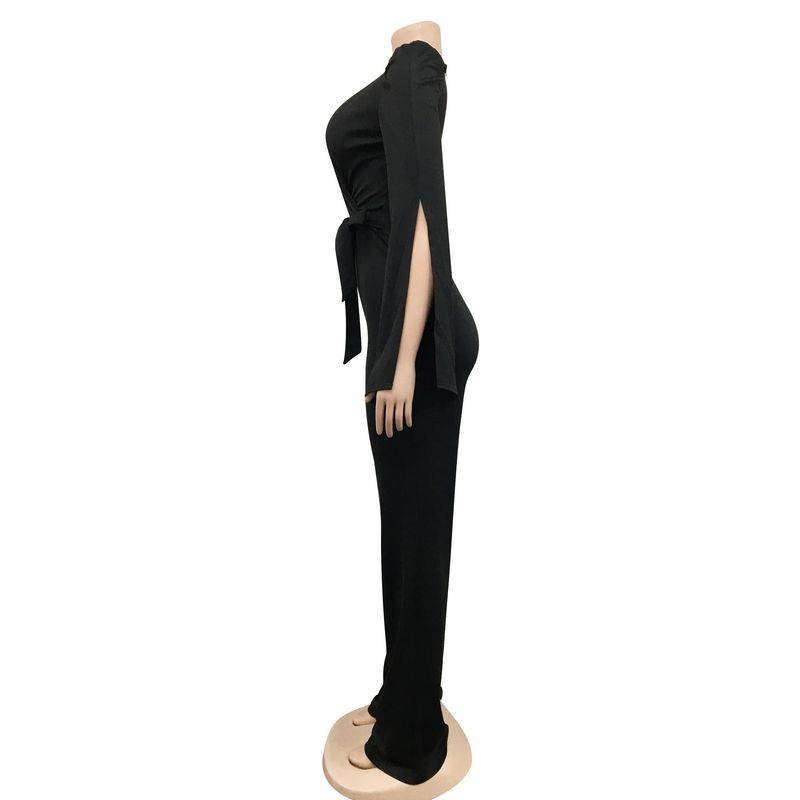 Dametøj nyt produkt ensfarvet sexet dyb V-rem plisseret brede ærmer lange bukser jumpsuit til kvinder_voghion.com