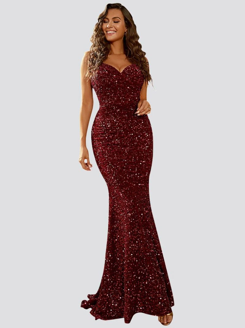 Damenbekleidung, neue Mode, V-Ausschnitt, Hüftwickel, Hosenträger, Paillettenkleid, mittlere Taille, langes Swing-Abendkleid_voghion.com