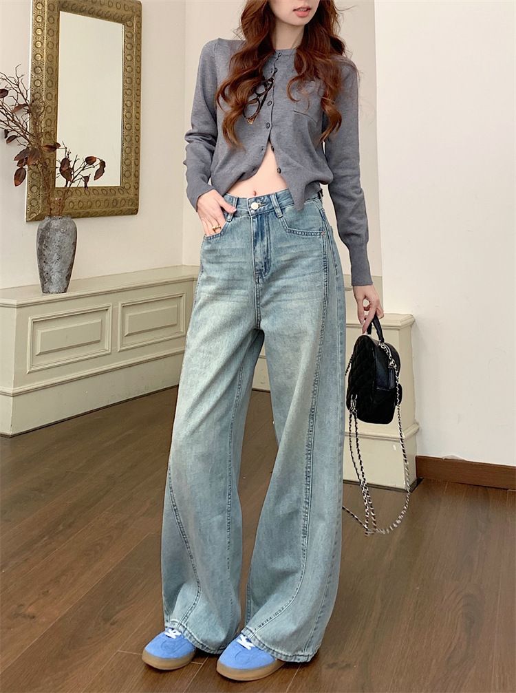 Weite Jeans im Frühlingsstil für Damen, neue hoch taillierte, gerade Beine mit hängendem Griff, bodenlange Hose_voghion.com