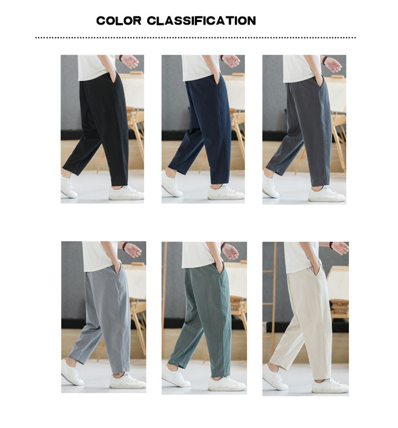 Herrenbekleidung Sommer Freizeithose Herren Leinen lose Leinenhose neun Punkte lange Hose gerade Beinhose_voghion.com