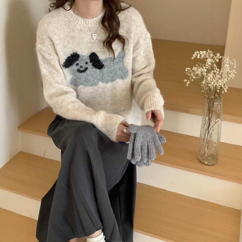 【 Cashmere Family】 Maglione corto in lana girocollo da donna con strato interno in maglia spessa jacquard_voghion.com