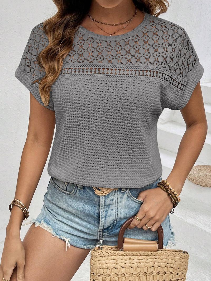2025 Women's Summer New Top With Shoulder Mesh Hollow Out Breathable Versatile Short Sleeve T-shirt_voghion.com