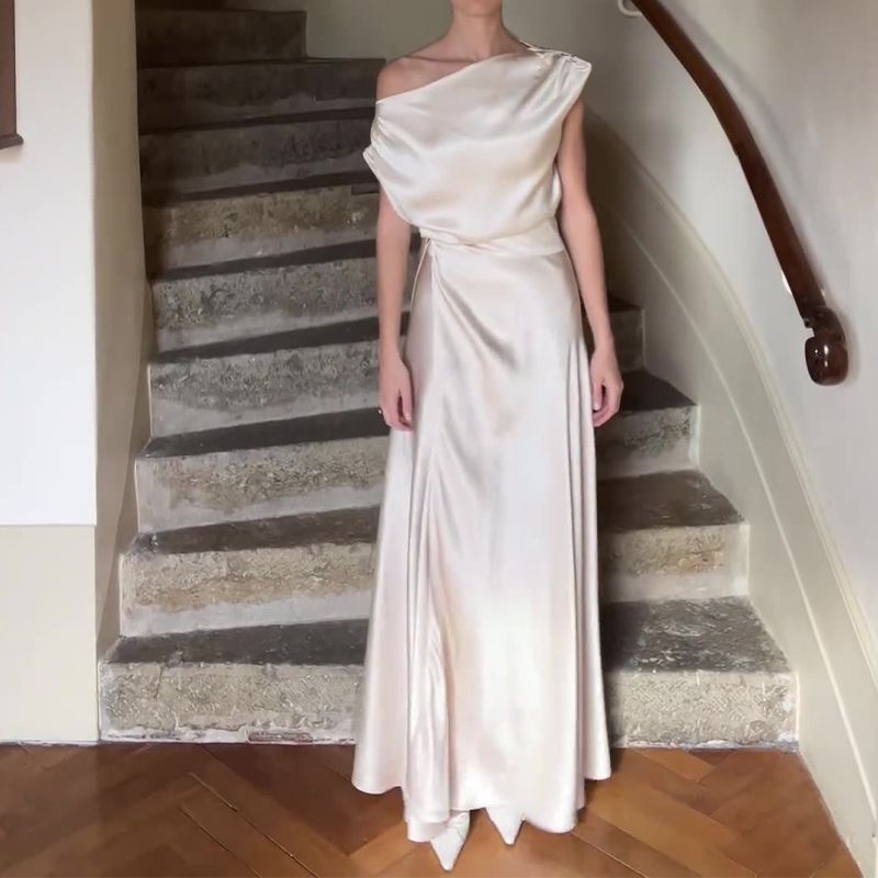 Women's summer satin off-shoulder sexy top high waist temperament long skirt two-piece suit_voghion.com