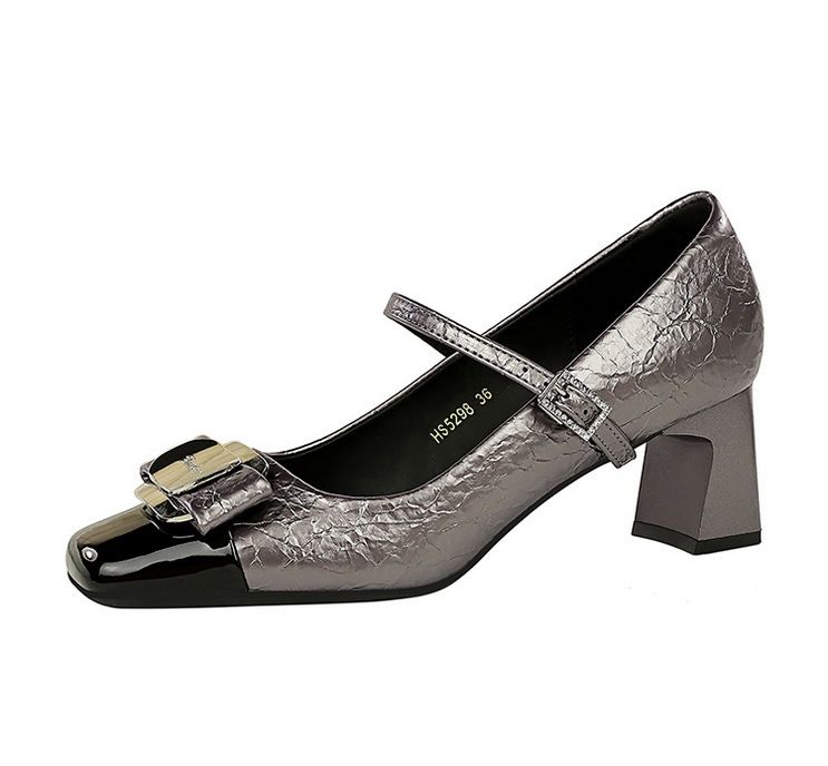 5298-K91 Wind Damenschuhe Vielseitiger mittlerer dicker Absatz leichter Mund Farbblock Metallschnalle Schleifenriemen Einzelschuh_voghion.com