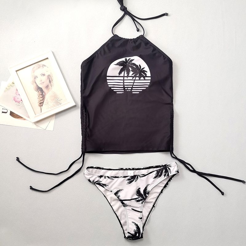 Roupas femininas com estampa de coqueiro e alça triangular, maiô conservador com alça e cobertura da barriga, biquíni dividido_voghion.com