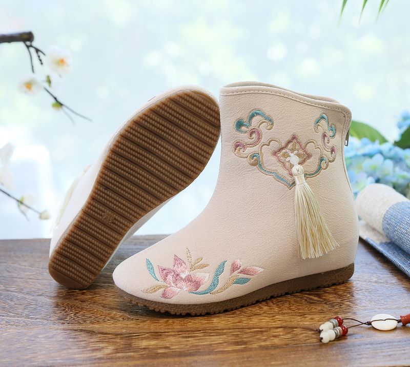 Stivali bassi, nappe ricamate, scarpe di stoffa abbinate a scarpe invernali imbottite e morbide in cotone Hanfu da donna, tacchi alti_voghion.com