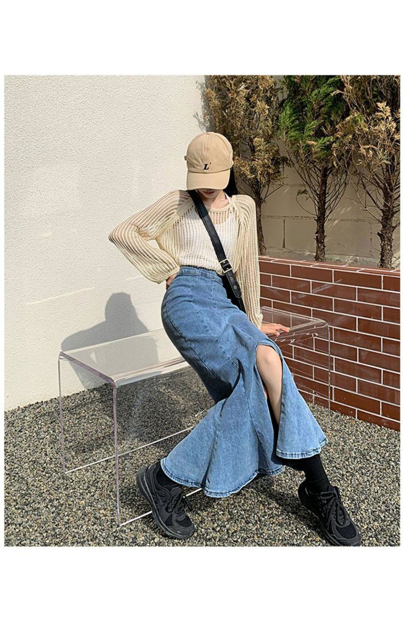 Jeans elástico pequeno com babados para mulheres na primavera, cintura alta preta, nádegas envolvidas, rabo de peixe, fenda no comprimento médio_voghion.com