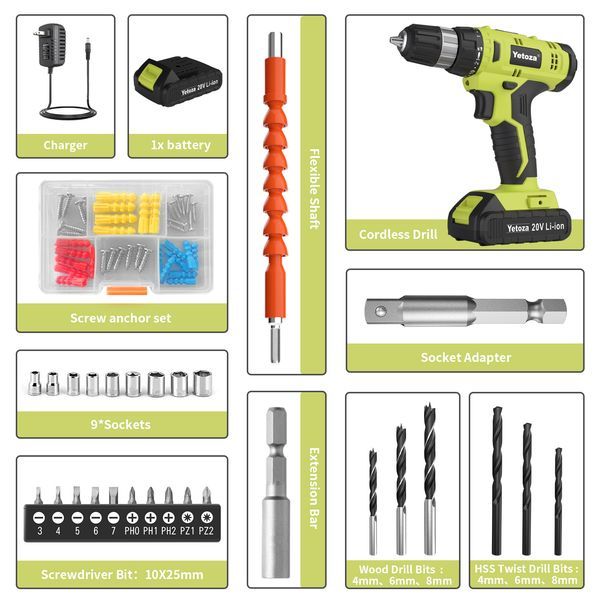 Cordless Drill Set, 20V Electric Power Drill With Battery And Charger, Green_voghion.com
