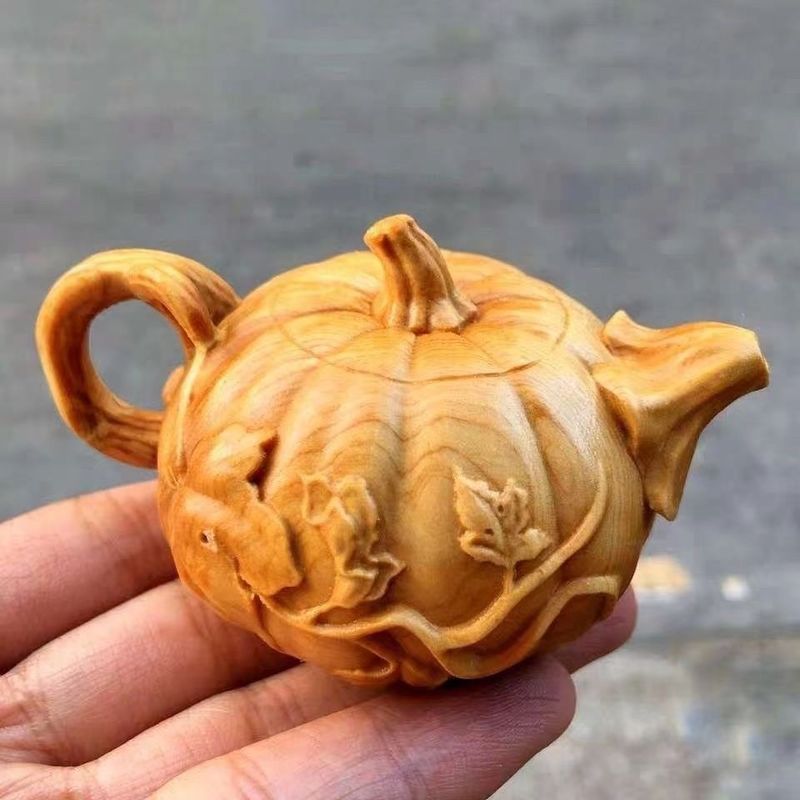 Thuja Boxwood Pumpkin Piece Plaything Ornament Craft Solid Wood Carving Handheld Pot_voghion.com