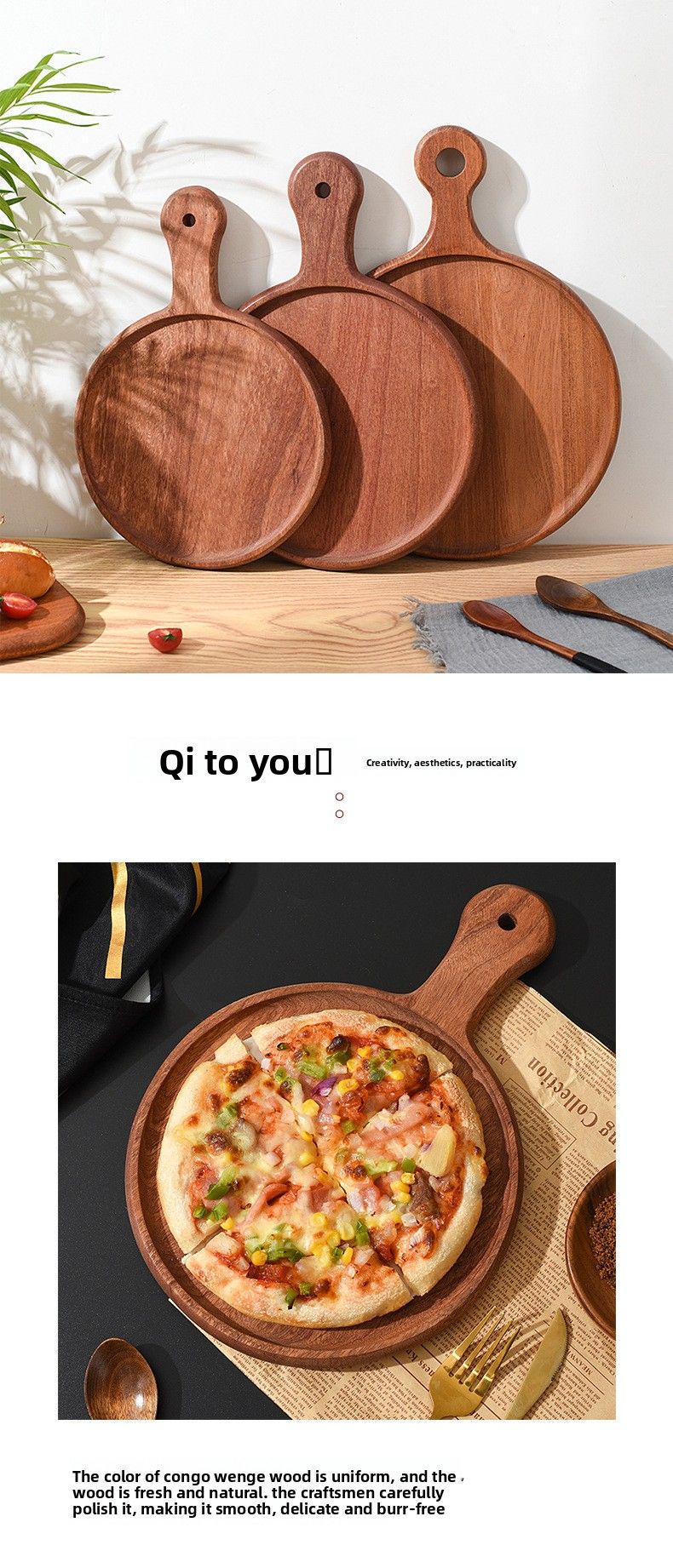 Vassoio in legno per pizza, pane, sushi, uso domestico, tagliere in legno di ebano, piatto occidentale in stile giapponese_voghion.com