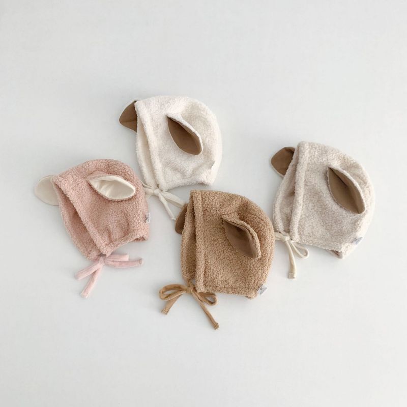 Cappello per neonati Cappello per neonati con piccole orecchie carine in peluche con lacci, cappello caldo autunnale e invernale_voghion.com