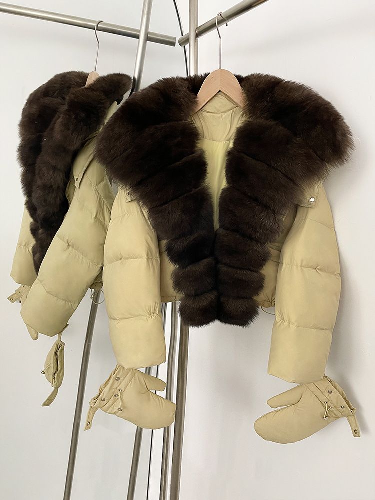 Women’s Short Puffer Jacket With Detachable Fox Fur Collar – Korean Style, Pastel Colors, Slim Fit Winter Coat_voghion.com