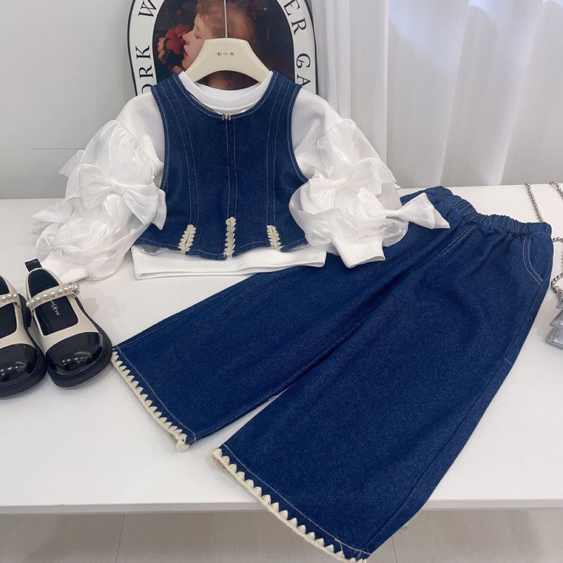 Mädchen Denim Anzug Herbst Neue Kinder T-Shirt Weste Weite Beinhose Dreiteiliger Anzug Weibliches Baby Koreanische Herbstkleidung_voghion.com