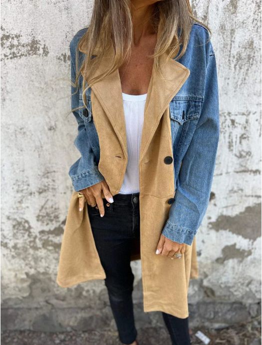 Damenbekleidung Anzugkragen Denim Splicing Mittellanger Mantel für Damen_voghion.com
