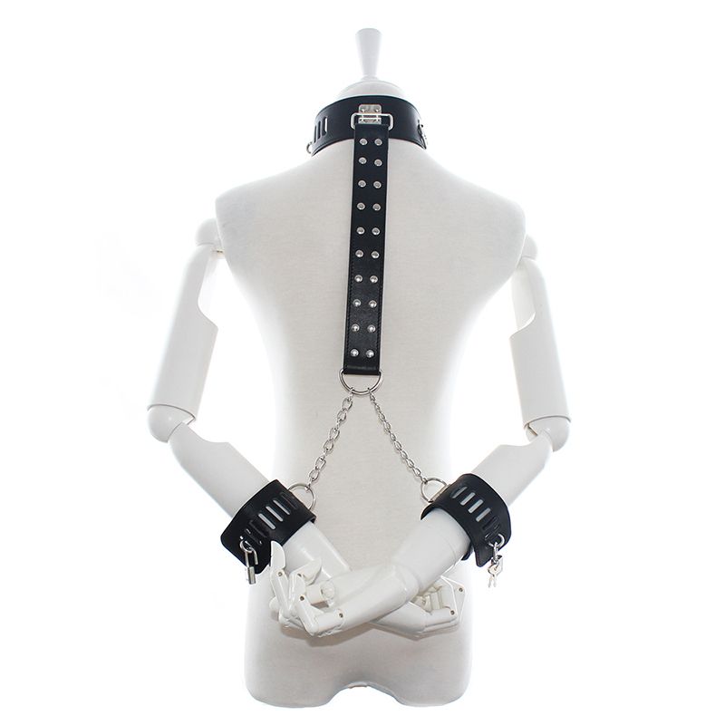 Legatura forzata con polsino rosso sul retro, polsino al collo, lucchetto Zhuang, abbigliamento costrittivo in pelle, intimo sexy_voghion.com
