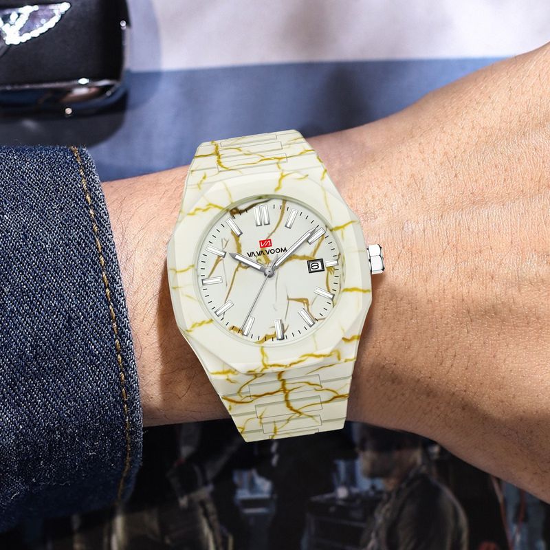 New Men Quartz Watch With Marble Pattern Calendar Clock Waterproof Men's Watch Silicone Strap Gift Watch_voghion.com
